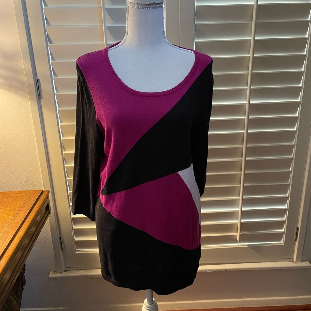 Allison Daley pink raspberry magenta black Colorblock sweater size medium cotton - Picture 4 of 14